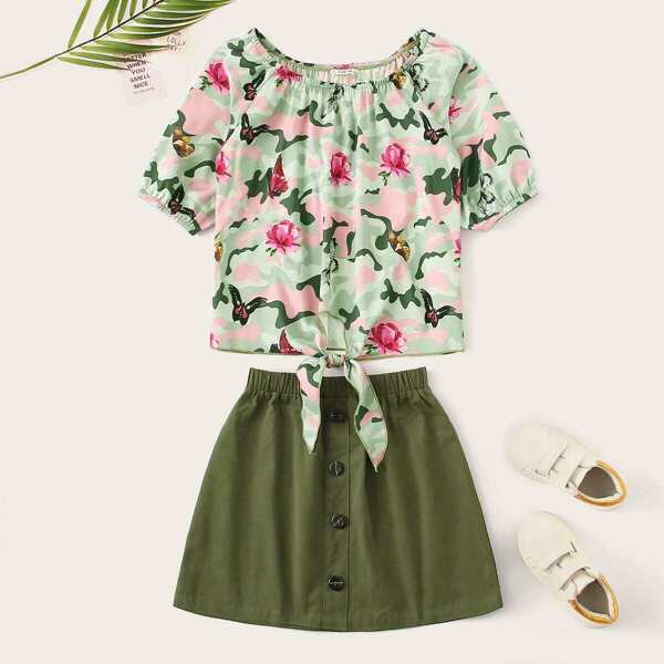 

Girls Knot Hem Camo Top & Button Up Skirt Set, Multicolor