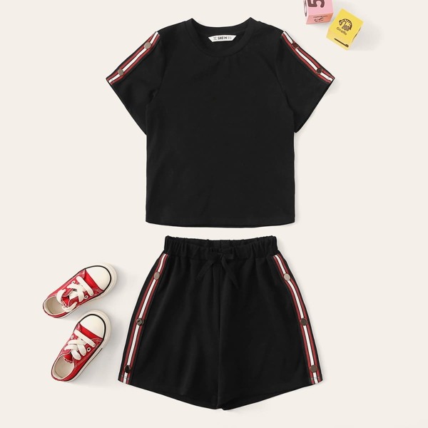 

Girls Contrast Tape Button Detail Top and Shorts Set, Black