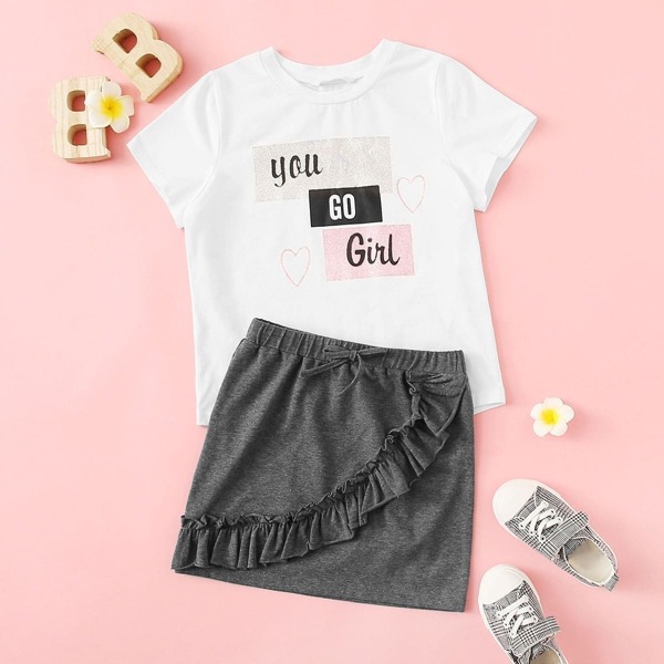 

Girls Slogan Print Top & Knot Waist Ruffle Skirt Set, Multicolor