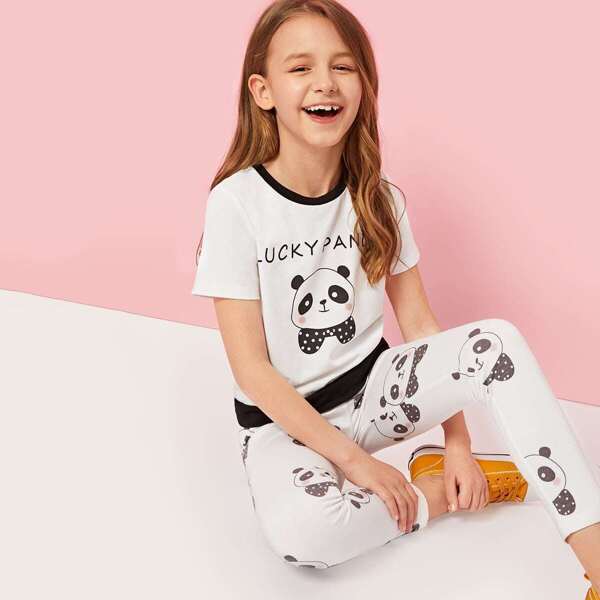 

Girls Panda and Letter Print Tee & Pants Set