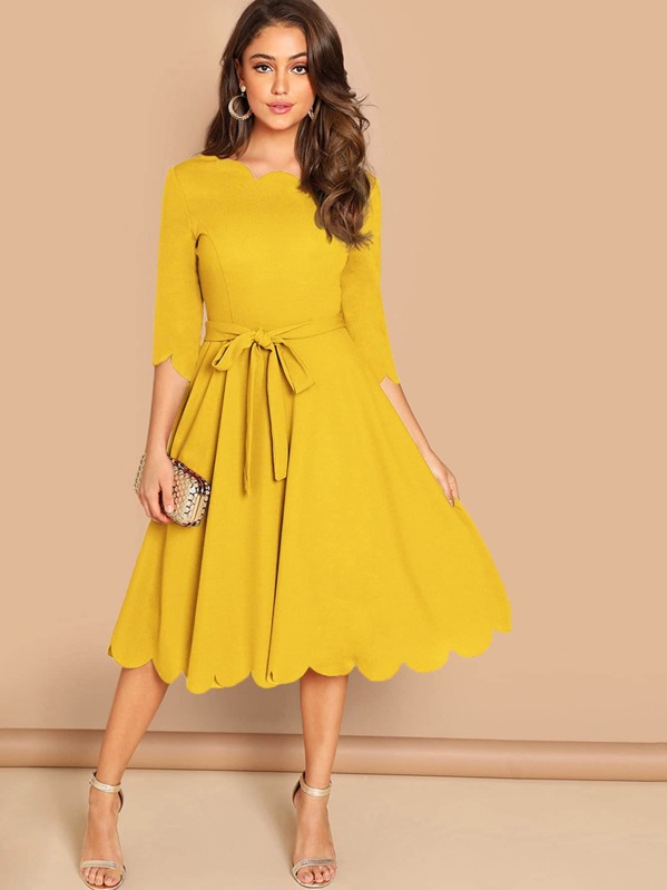 

Scallop Trim Fit & Flare Dress, Yellow, Clara Wilsey