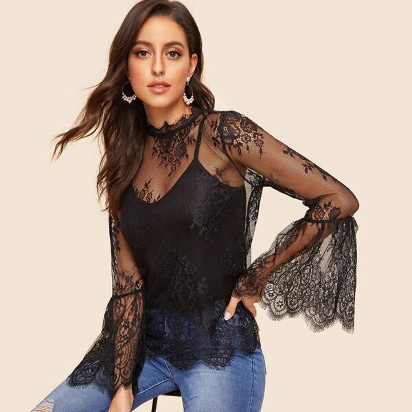 

Flounce Sleeve Eyelash Lace Mesh Top Without Cami, Black