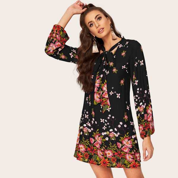 

Tie Neck Blouson Sleeve Floral Dress