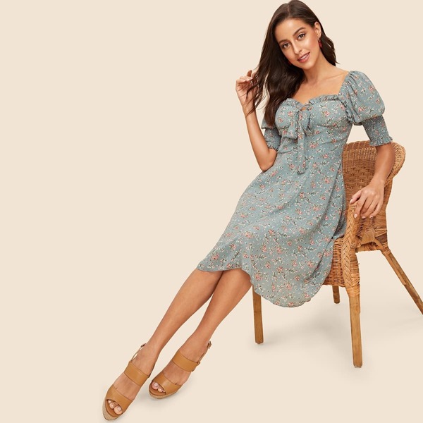 

50s Knot Front Shirred Sleeve Floral Dress