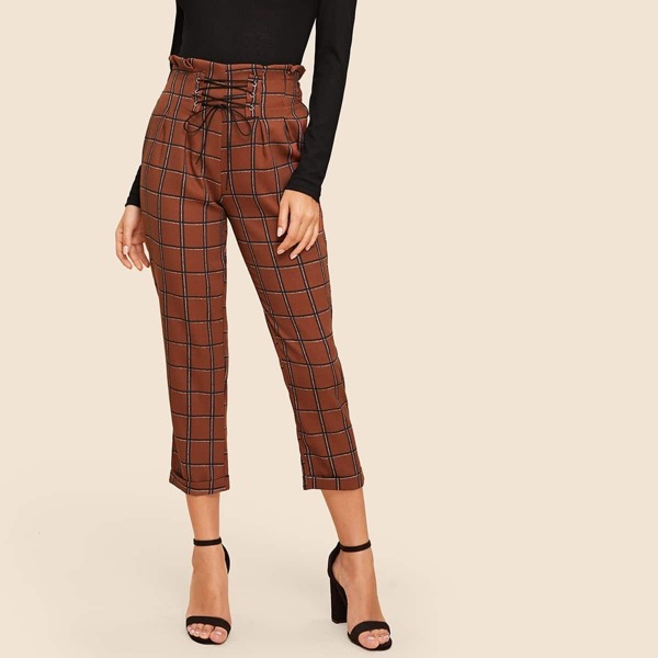 50s Lace-up Waist Roll Hem Plaid Pants