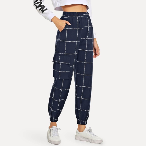 

Plaid And Letter Print Elastic Waist Pants