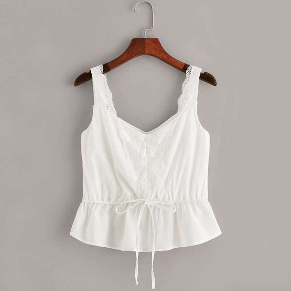 

Drawstring Waist Contrast Lace Top, White