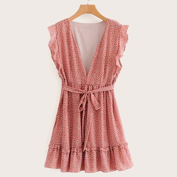 

Self Tie Dalmatian Print Ruffle Dress, Pink