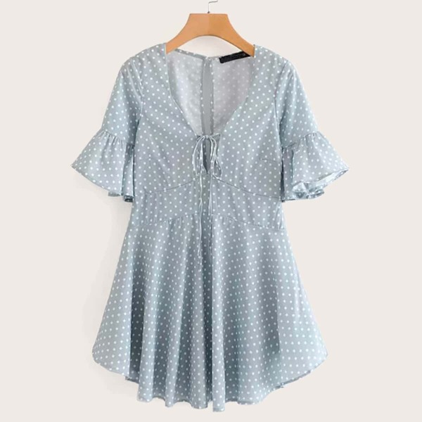 

Tie Front Flounce Sleeve Dress, Blue