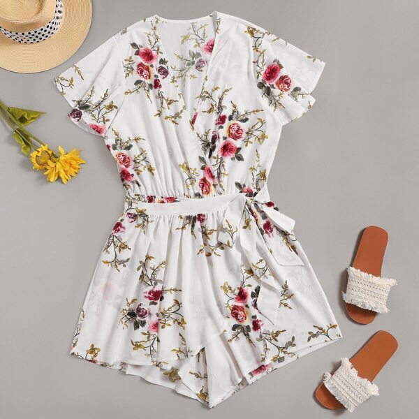 

Plus Floral Print Belted V-neck Romper, White