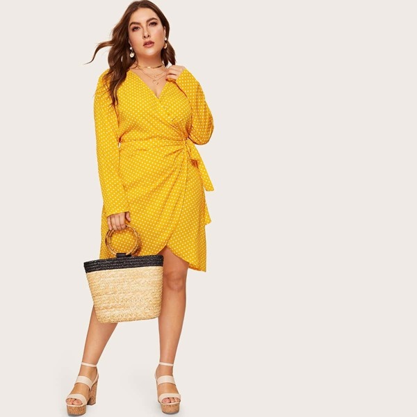 

Plus Polka Dot Wrap Tie Side Dress, Yellow