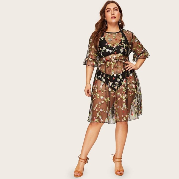 

Plus Floral Embroidered Sheer Dress, Black