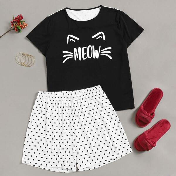 

Plus Letter Graphic Polka Dot Pajama Set, Black and white