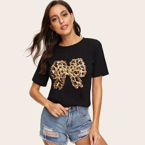 

Sequin Trim Leopard Bow Patched Tee