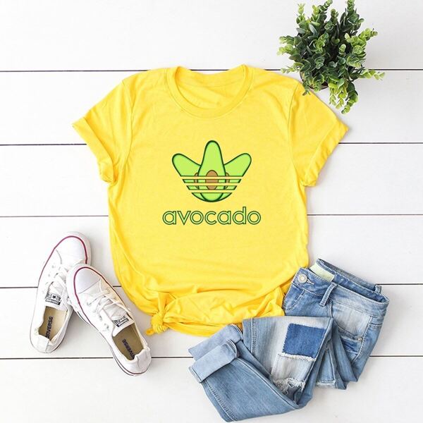 

Letter And Fruit Print Rolled Cuff Tee, Yellow