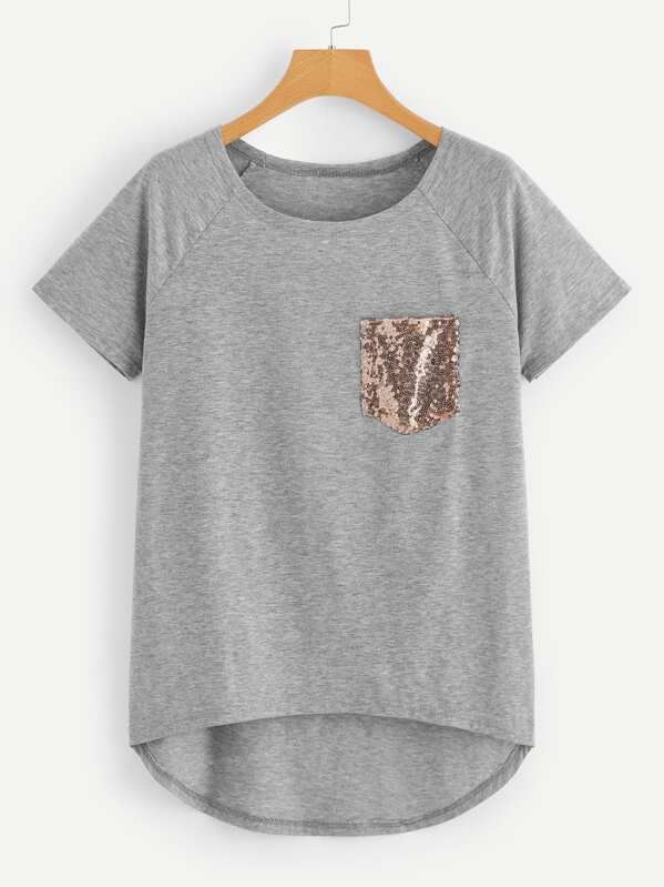 

Plus Contrast Sequin Dip Hem Tee, Grey
