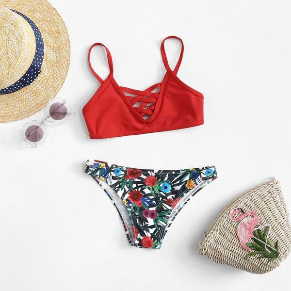 

Toddler Girls Criss Cross Top With Random Floral Bikini