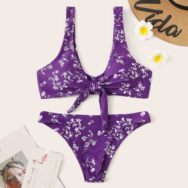 

Floral Knot Front Bikini Set, Purple