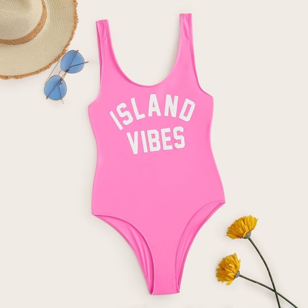 

Slogan Print Scoop Neck One Piece Swimsuit