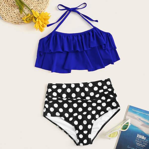 

Ruffle Halter Top With Polka Dot High Waist Bikini