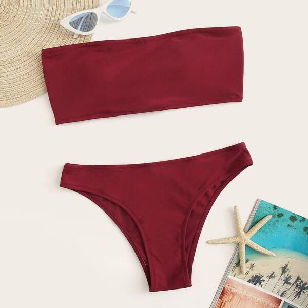 

Detachable Straps Cut-out Bandeau Bikini Set, Burgundy