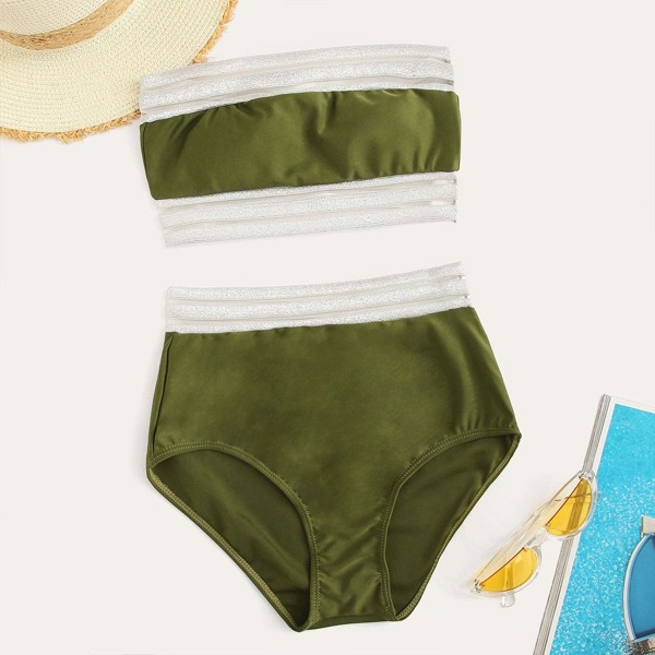 

Glitter Hem Bandeau With High Waist Bikini