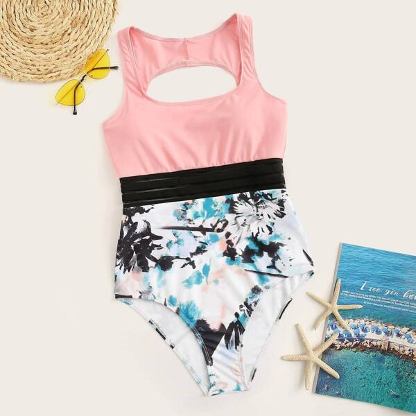 

Random Ink Drawstring Cut-out One Piece Swimwear