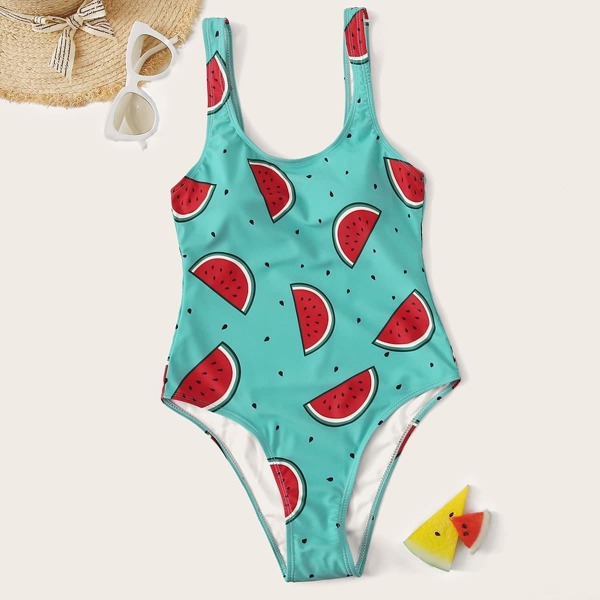 

Random Watermelon Print One Piece Swimsuit, Green