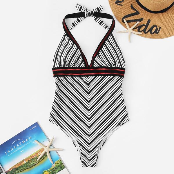

Low Back Plunging Striped One Piece Swimsuit, Black and white
