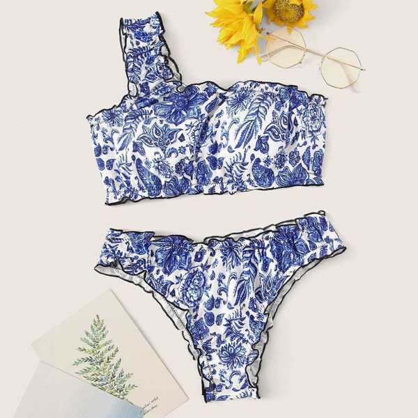 

Porcelain Print One Shoulder Lettuce Trim Bikini Set
