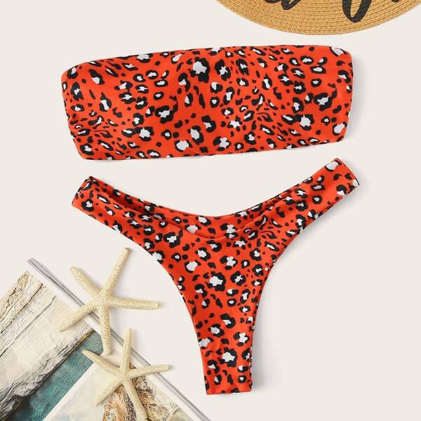 

Leopard Bandeau Bikini Set With Hair Tie, Red