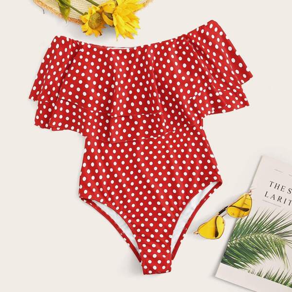 

Polka Dot Tiered Layer One Piece Swim, Red bright