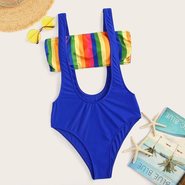 

Striped Knot Back Bandeau With Suspender Two Piece Swim