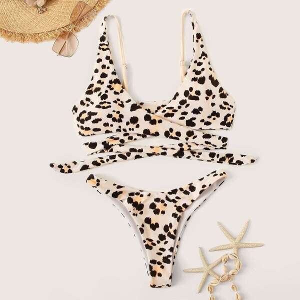 

Leopard Wrap Top With Cheeky Bikini Set