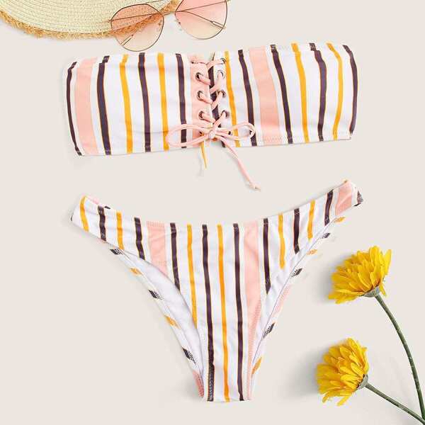 

Striped Lace-up Bandeau With High Cut Bikini Set, Multicolor