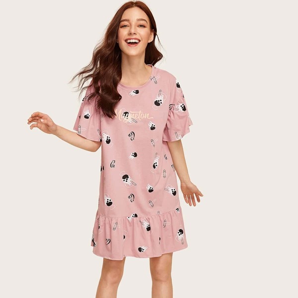 

Cat Print Ruffle Hem Night Dress