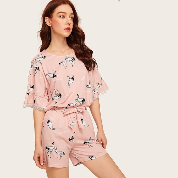 Crane Print Lace Trim Pajama Set