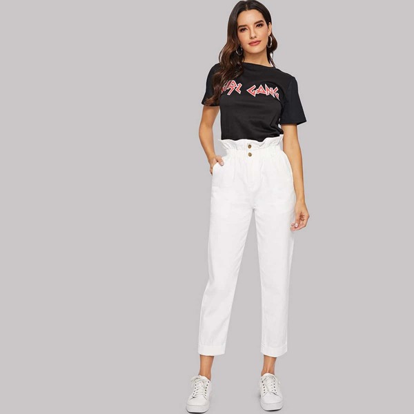 

Ruffle Waist Solid Crop Jeans, White