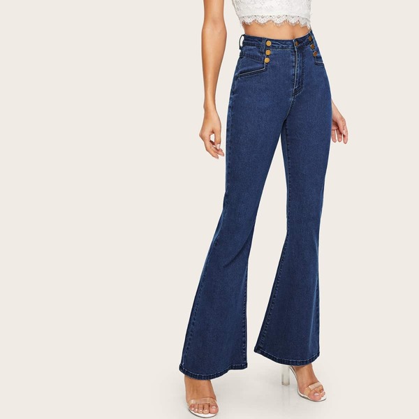 

Dark Wash Button Detail Flare Hem Jeans