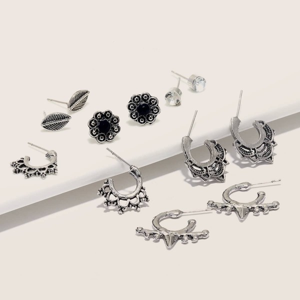 

Leaf & Flower Design Earring Set 6pairs