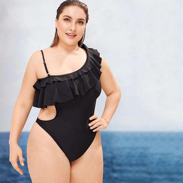 

Plus One Shoulder Flounce Cut-out One Piece Swimwear