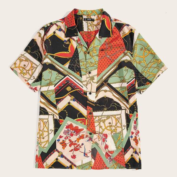

Men Chain Print Button Up Shirt, Multicolor