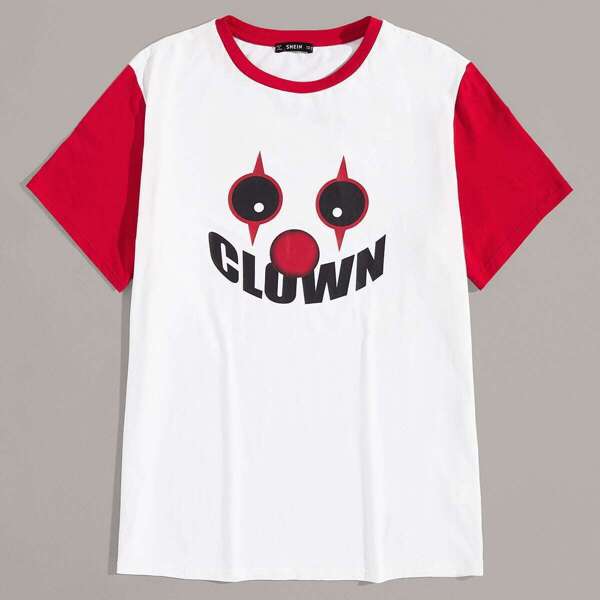 

Men Clown Print Contrast Sleeve Tee, White