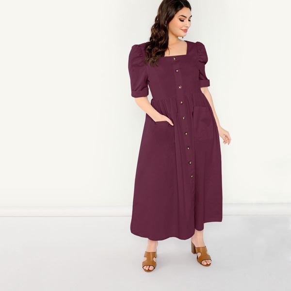 

Plus Pocket Front Button Through Dress, Burgundy