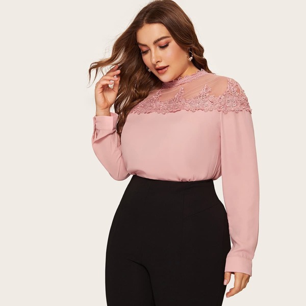 

Plus Mesh Yoke Guipure Lace Insert Blouse, Pink pastel