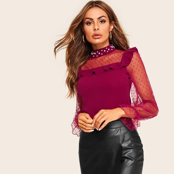 

Pearl Detail Dot Mesh Panel Ruffle Top