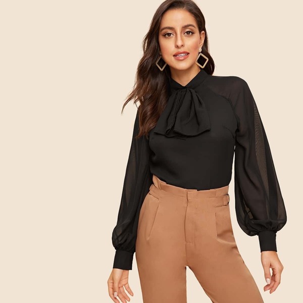 

Bow Neck Lantern Sleeve Split Back Blouse, Black