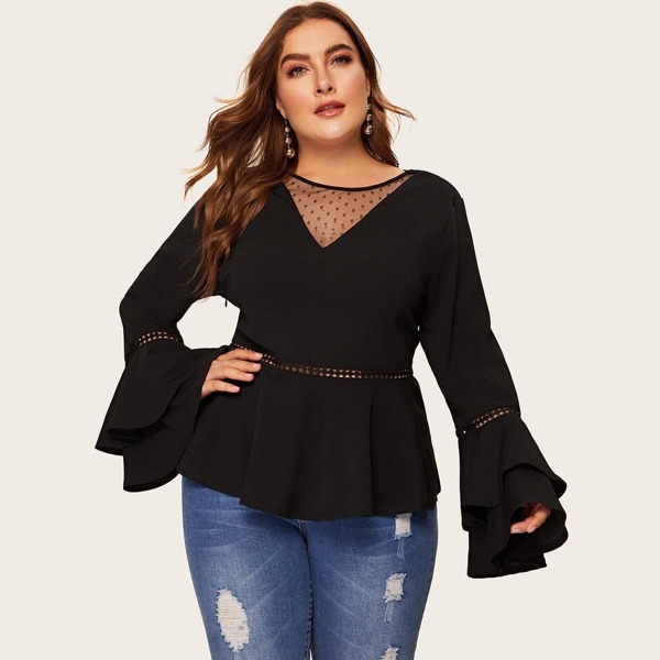 

Plus Dot Mesh Insert Laser Cut Detail Peplum Top