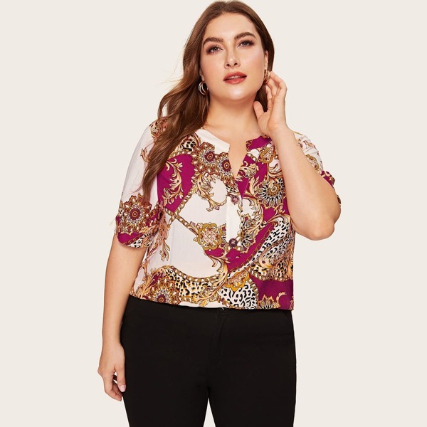 

Plus Buttoned V-placket Scarf Print Curved Hem Blouse