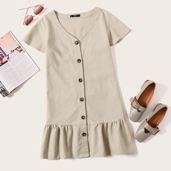 

Button Through Pep Hem Dress, Beige